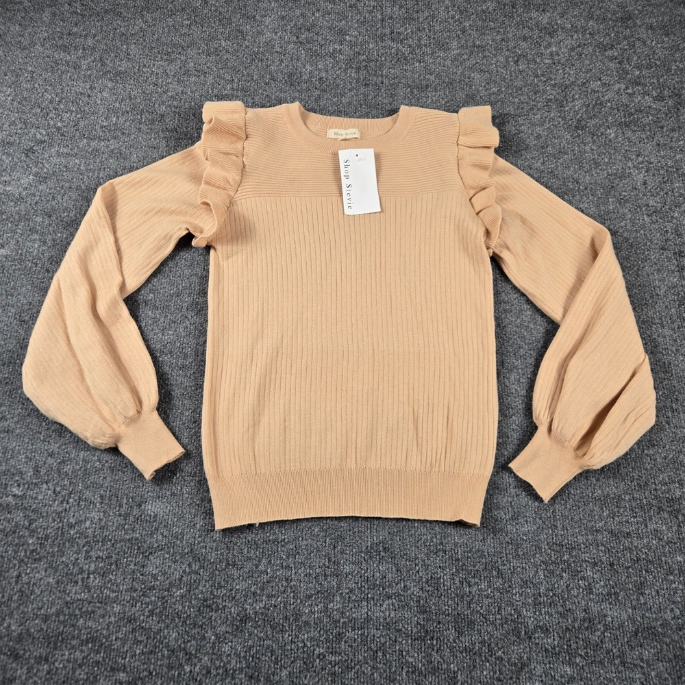 Shop Stevie Ruffle Sweater Womens Large Tan  Balloon Sleeve Ribbed NWT y2k